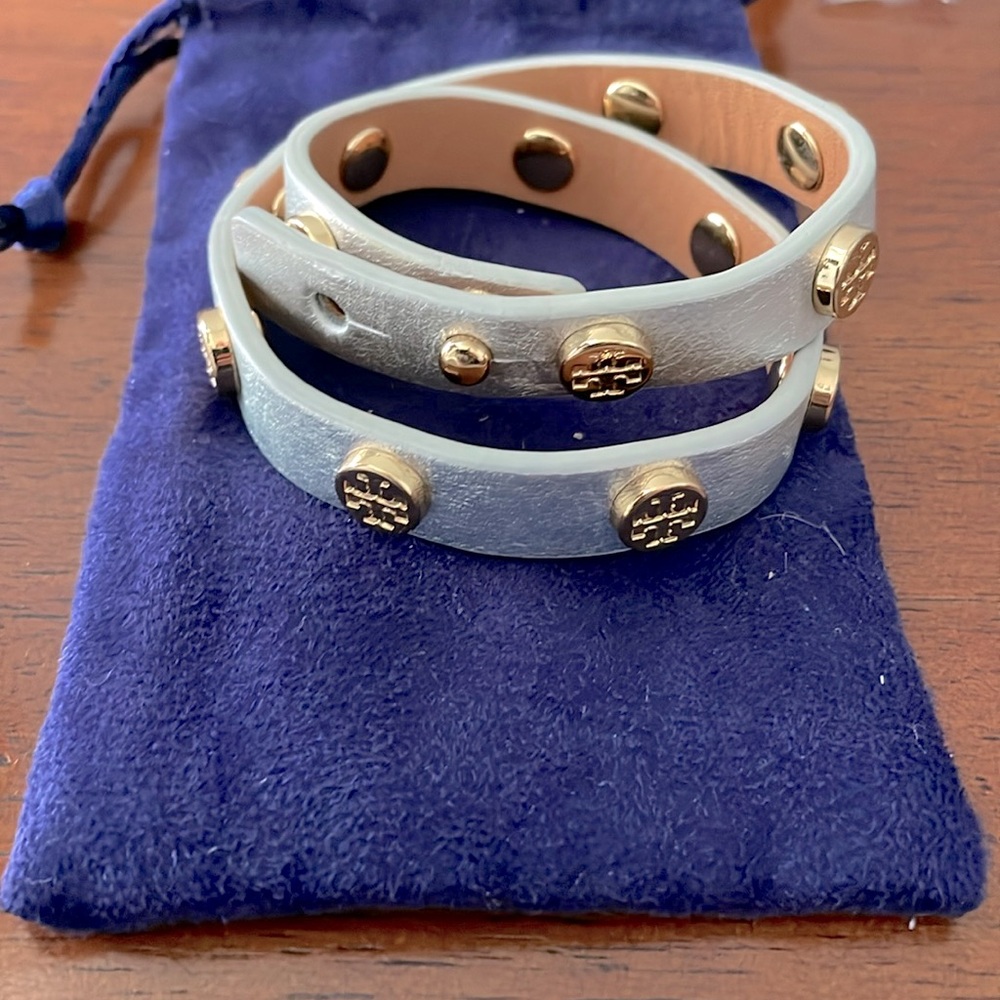 Tory Burch adjustable silver leather wrap bracelet